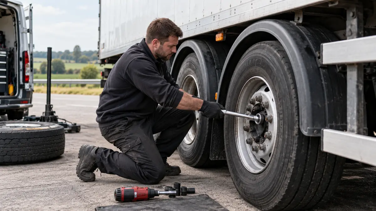 Technician replacing a trailer tyre