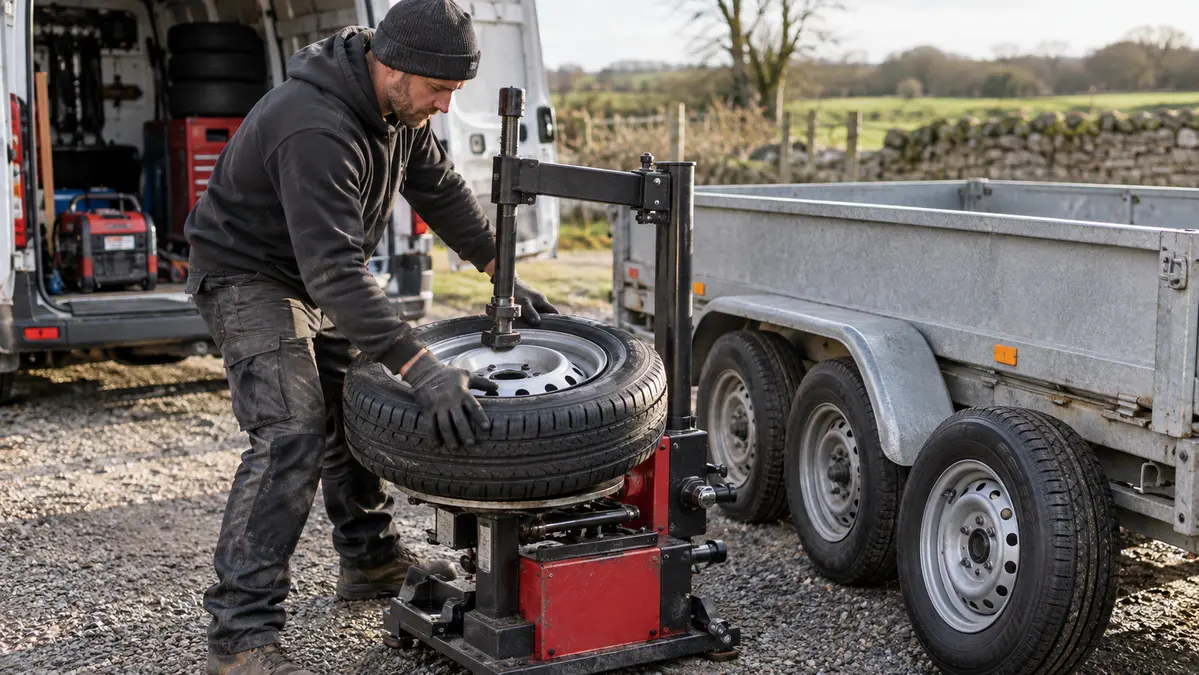 Mobile trailer tyre fitting